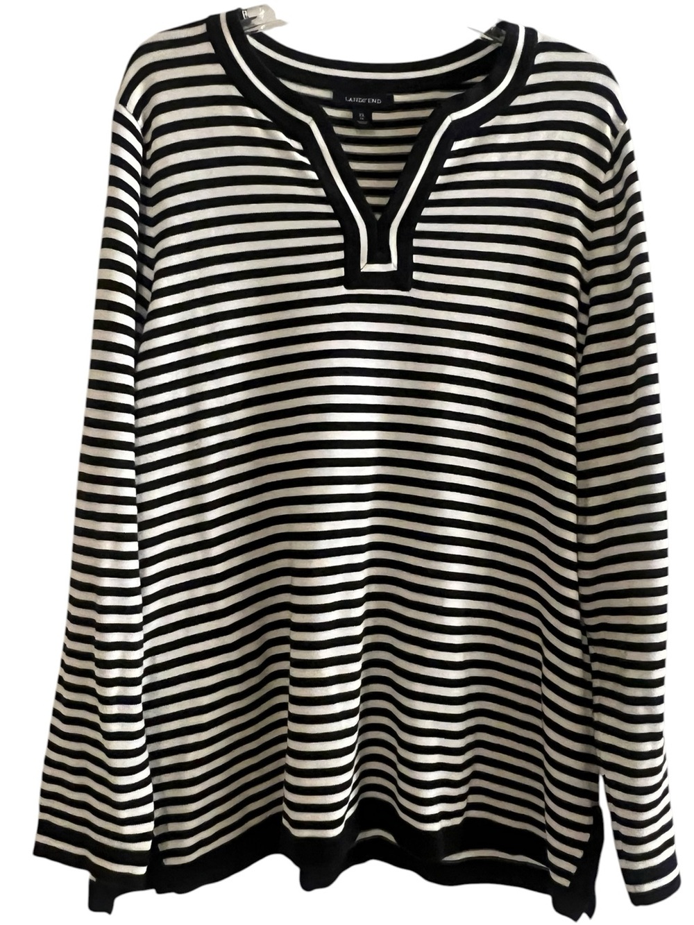 Lands End Striped Black & White V-Neck Pullover